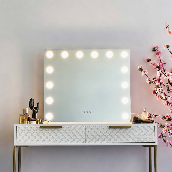 Hollywood vanity mirror with 12 LED globe bulbs white frame on dressing table

