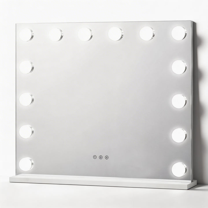 Large Hollywood vanity mirror with 14 LED globe bulbs white frame touch controls and base stand

