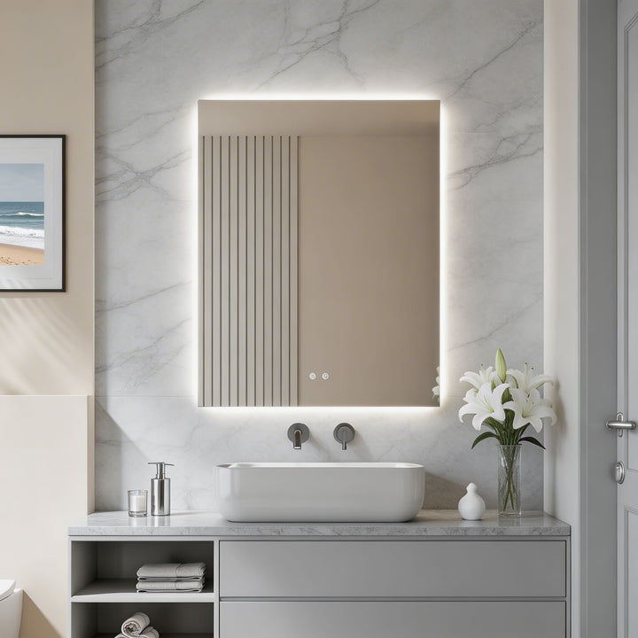 Rectangle LED backlit bathroom wall mirror with touch controls

