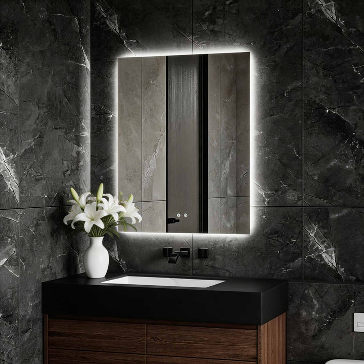 Rectangle LED backlit bathroom wall mirror with cool white glow and touch controls

