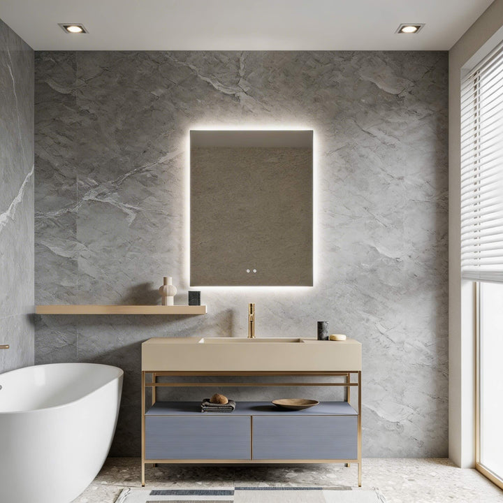 Square LED backlit bathroom wall mirror with touch controls

