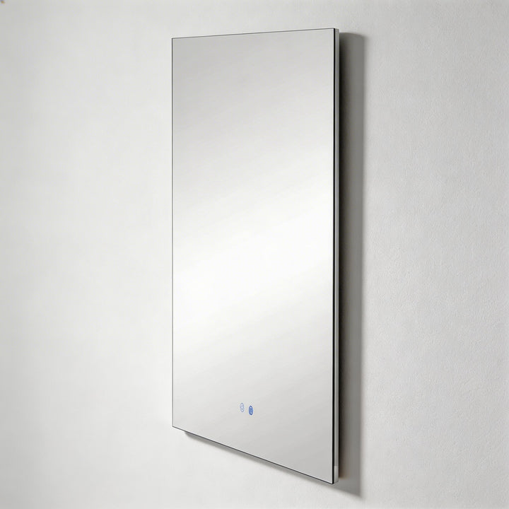 Rectangle LED bathroom wall mirror black frame side profile with touch controls

