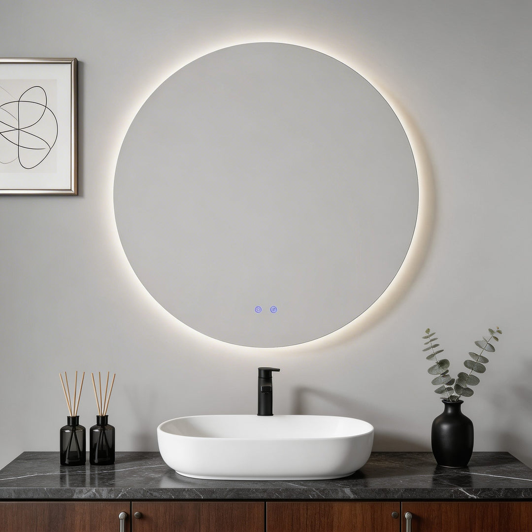 Large round LED backlit bathroom wall mirror

