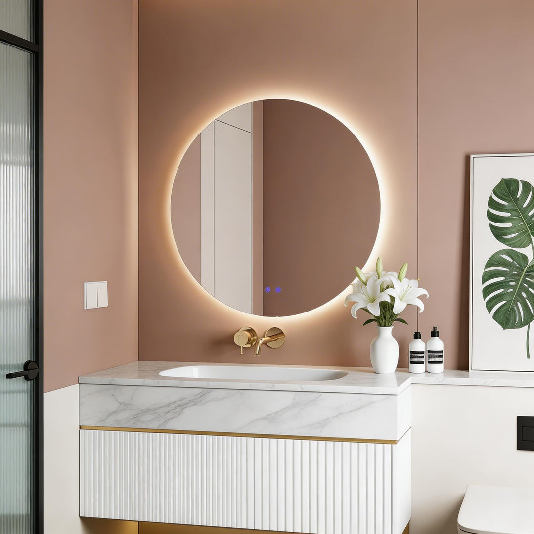 Large round LED backlit bathroom wall mirror with warm glow

