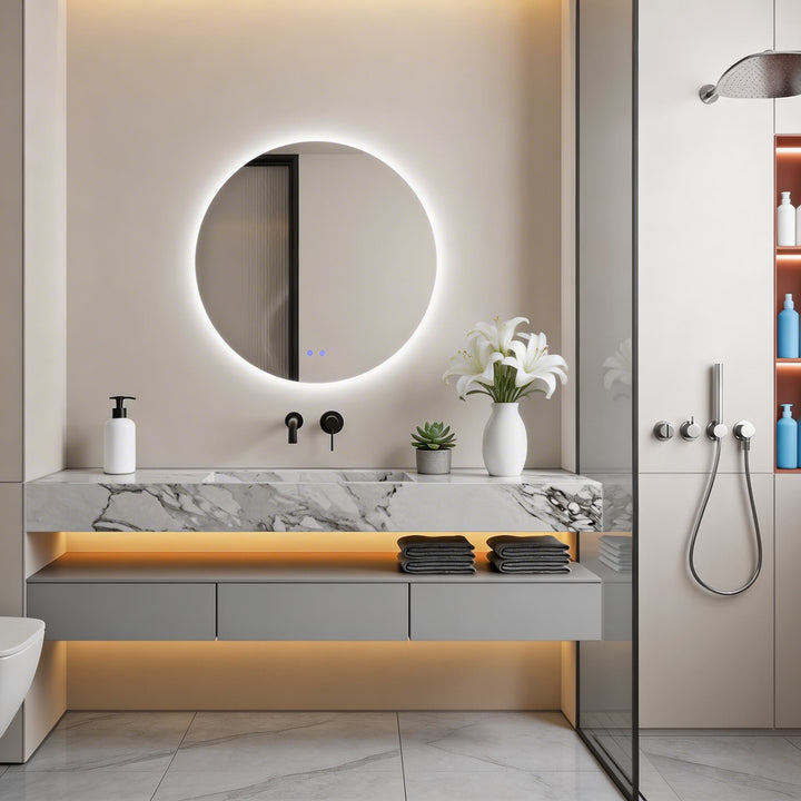Large round LED backlit bathroom wall mirror with cool white glow

