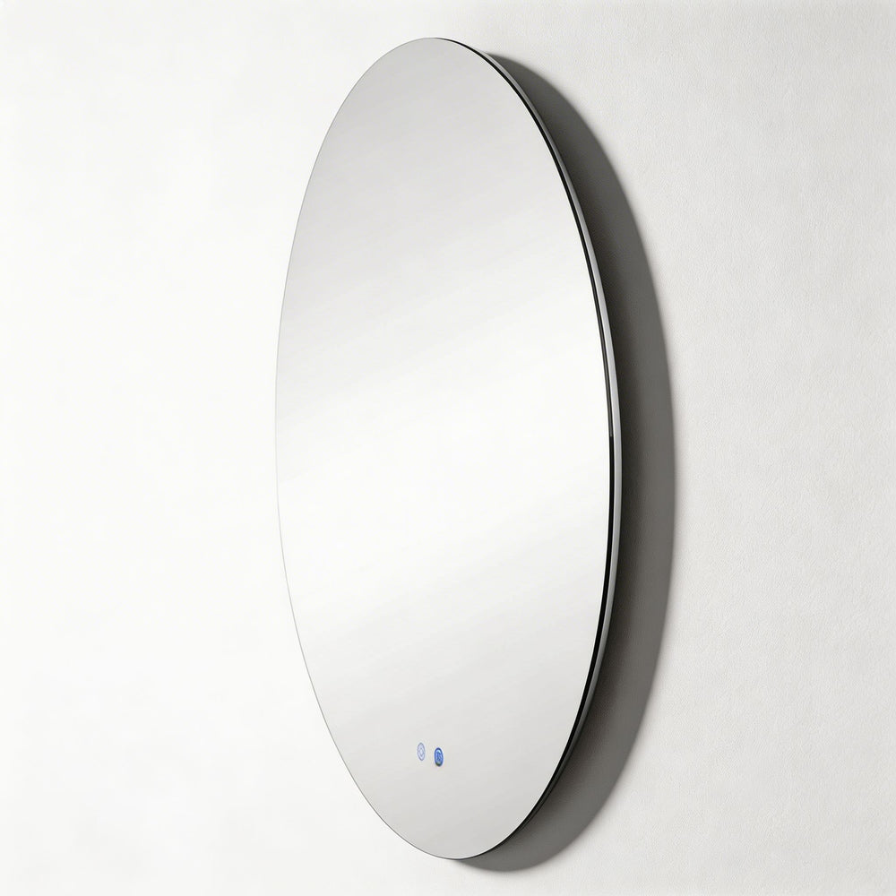Round LED backlit bathroom wall mirror with black frame and touch controls side profile

