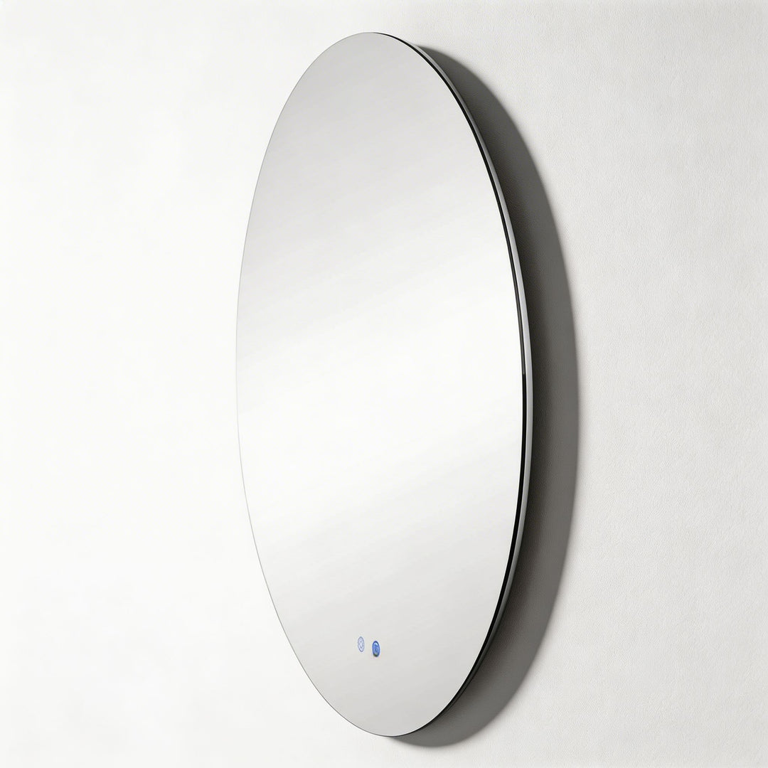 Round LED backlit bathroom wall mirror with black frame and touch controls side profile

