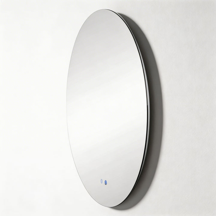 Round LED backlit bathroom wall mirror with black frame and touch controls side profile

