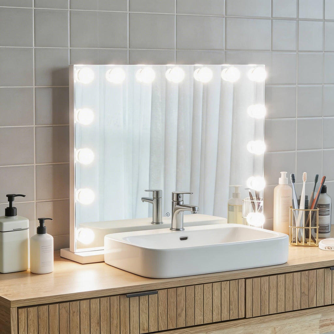 Hollywood vanity mirror with LED globe bulbs and white frame

