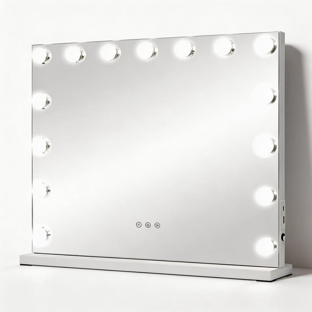 Large Hollywood vanity mirror with 15 LED globe bulbs white frame and touch controls

