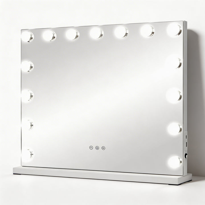 Large Hollywood vanity mirror with 15 LED globe bulbs white frame and touch controls

