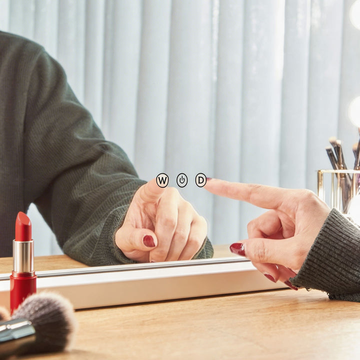 Hollywood vanity mirror touch control buttons close up detail

