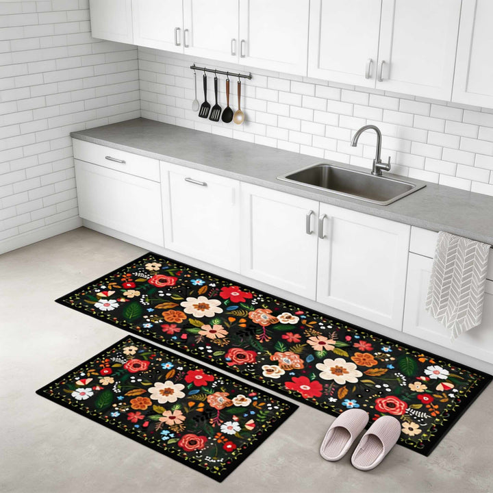 Boho Floral Anti-Fatigue Kitchen Mats Set, Durable Cotton & Polyester, 2 Rectangular Rugs