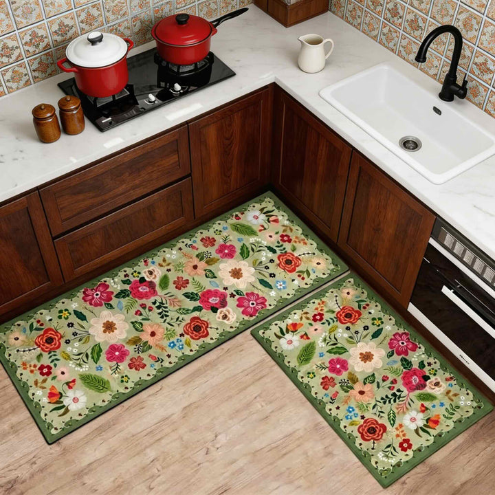 Boho Floral Anti-Fatigue Kitchen Mats Set, Durable Cotton & Polyester, 2 Rectangular Rugs