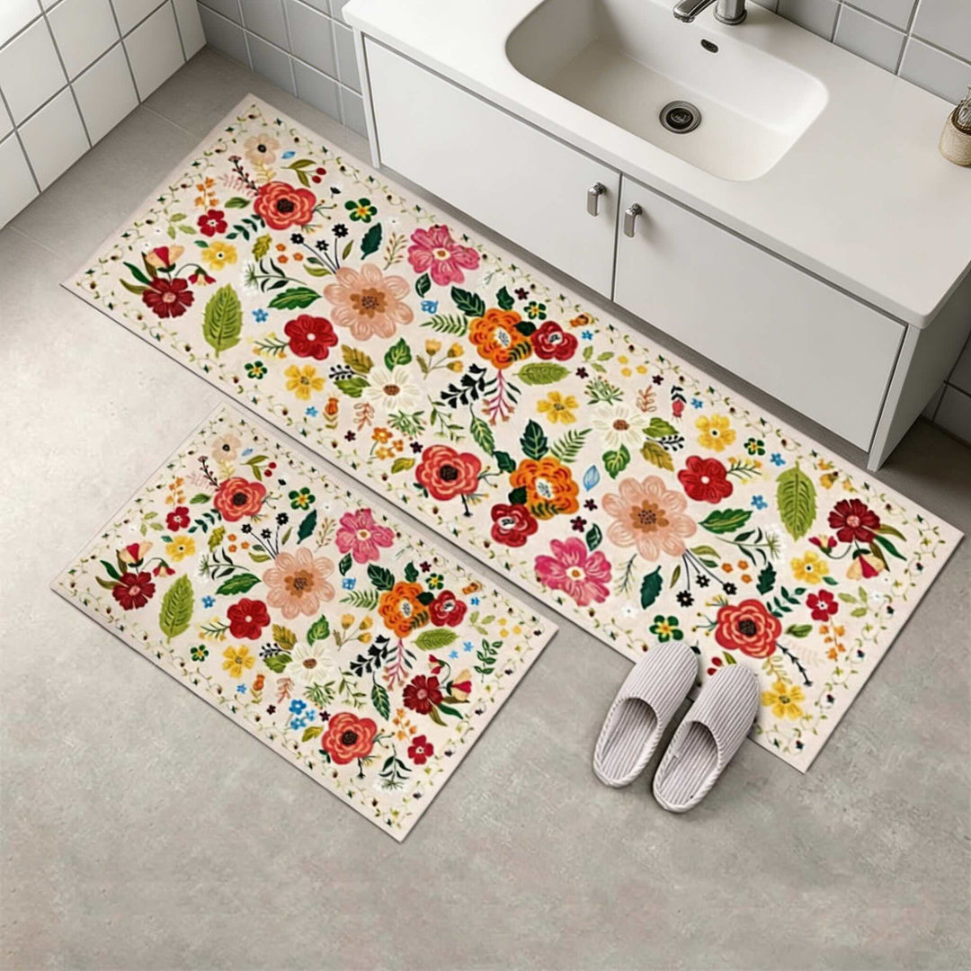 Boho Floral Anti-Fatigue Kitchen Mats Set, Durable Cotton & Polyester, 2 Rectangular Rugs