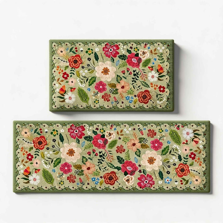 Boho Floral Anti-Fatigue Kitchen Mats Set, Durable Cotton & Polyester, 2 Rectangular Rugs