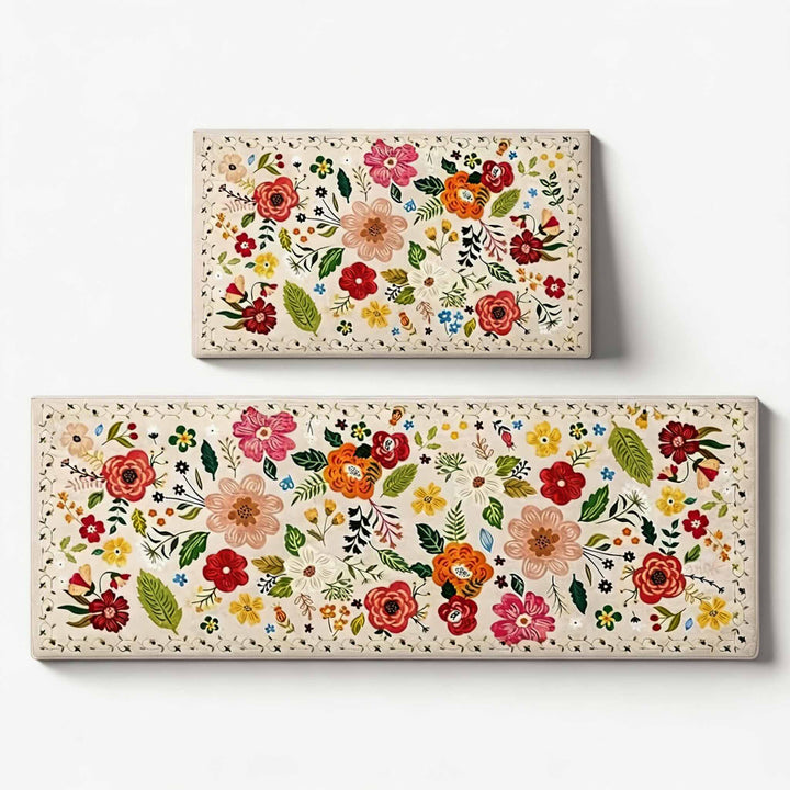 Boho Floral Anti-Fatigue Kitchen Mats Set, Durable Cotton & Polyester, 2 Rectangular Rugs