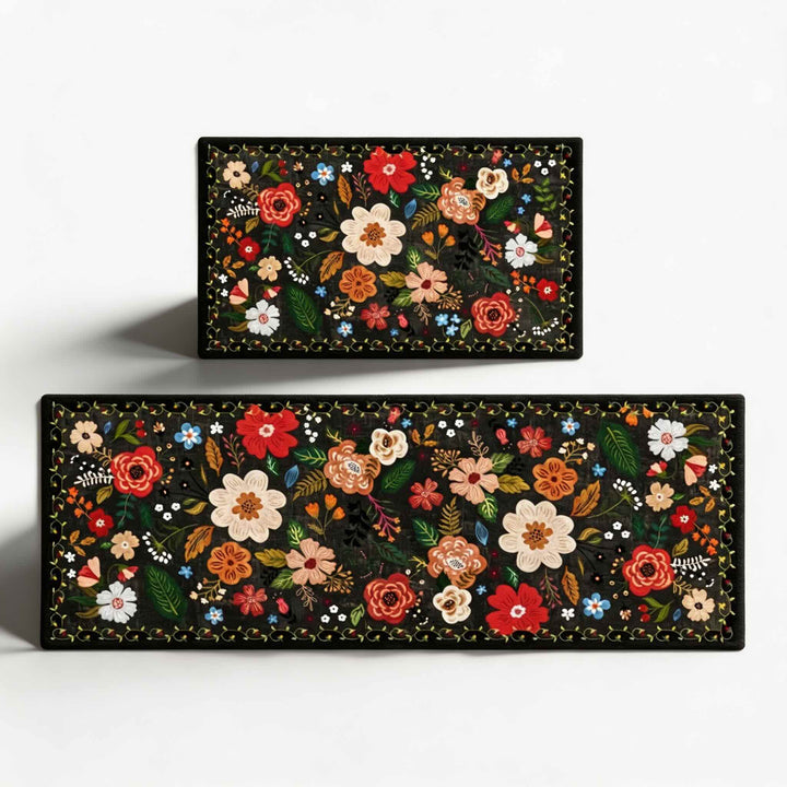 Boho Floral Anti-Fatigue Kitchen Mats Set, Durable Cotton & Polyester, 2 Rectangular Rugs