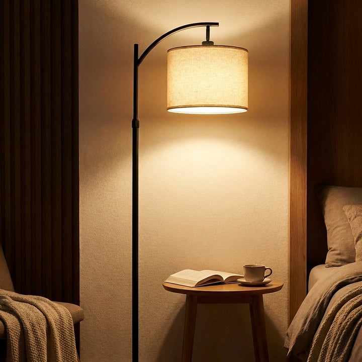 Modern Arc Floor Lamp Black Adjustable Height Fabric Shade for Living Room
