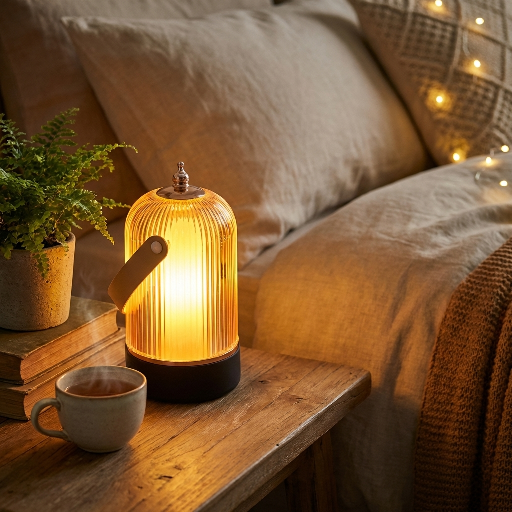 Modern Ribbed Glass Table Lamp Adjustable Metal Base Dimmable LED Light for Bedside or Desk