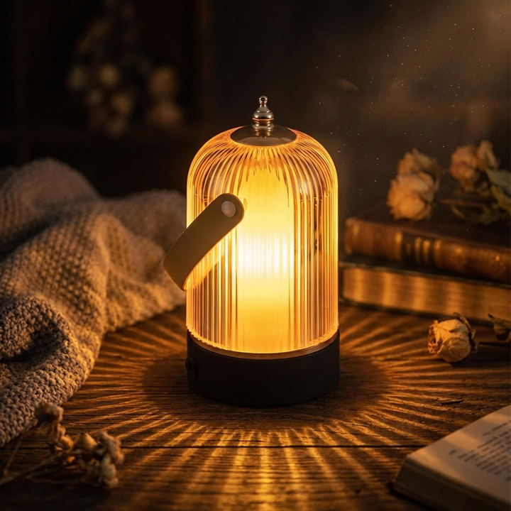 Modern Ribbed Glass Table Lamp Adjustable Metal Base Dimmable LED Light for Bedside or Desk