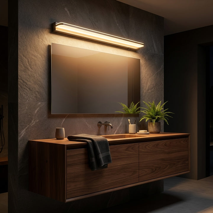 Modern LED Bathroom Vanity Lights Wall Mounted with Polished Iron Trim and Ambient Glow