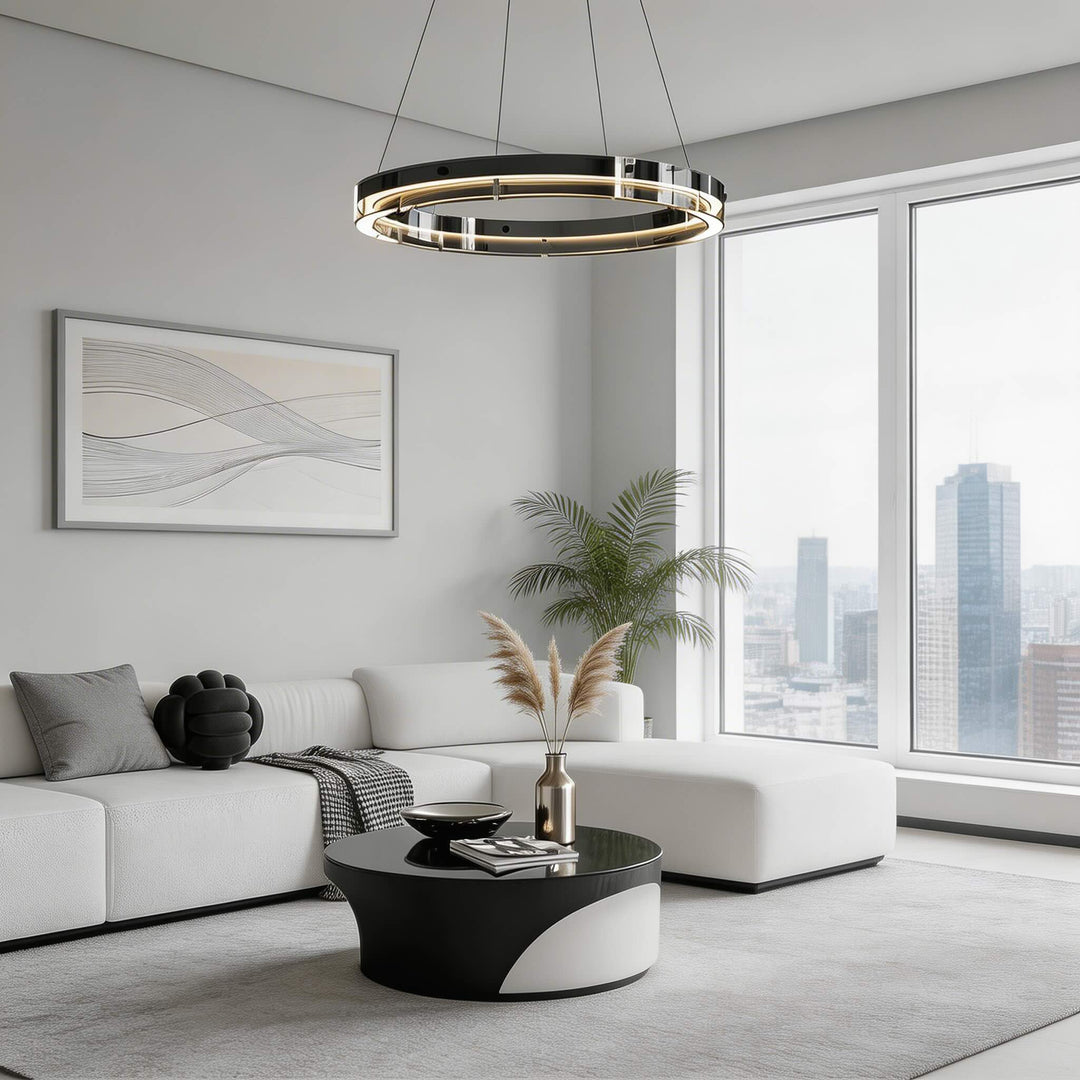 Modern Black Chandelier Adjustable LED Hanging Light Fixture with Glass Shade for Dining Room