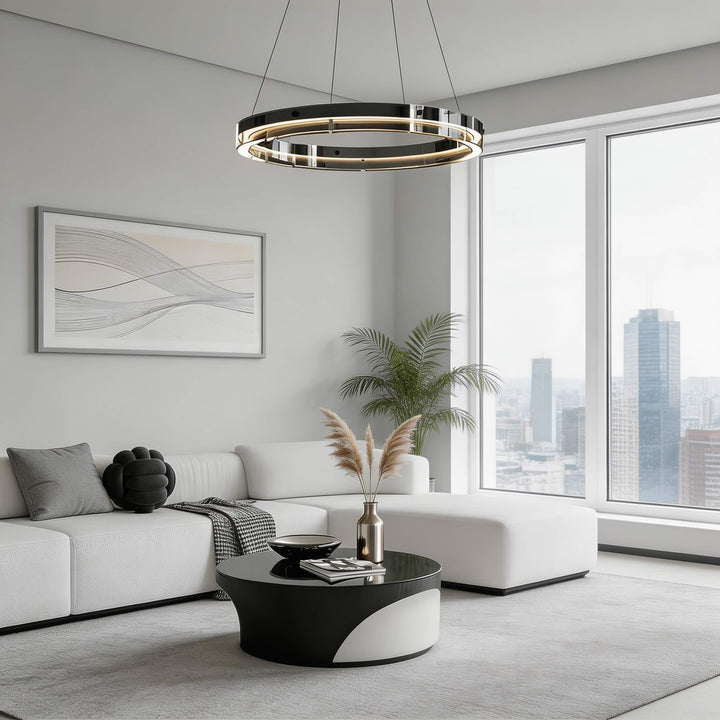 Modern Black Chandelier Adjustable LED Hanging Light Fixture with Glass Shade for Dining Room