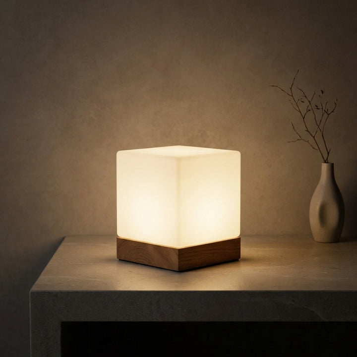 Modern Mini Cube Table Lamp Cordless Touch Control Rubber Wood Base Opal Glass Shade LED Warm Light