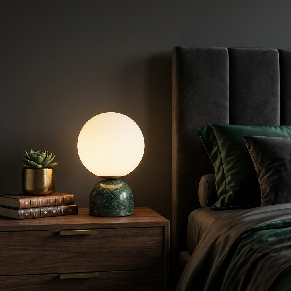 Modern table lamp with a marble base and round glass shade