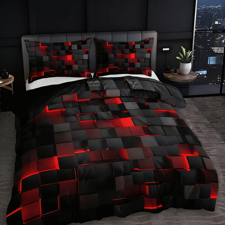 Modern Neon 3D Grid Print Quilt Cover Set 3pcs Soft Microfiber Cotton Blend Durable Design