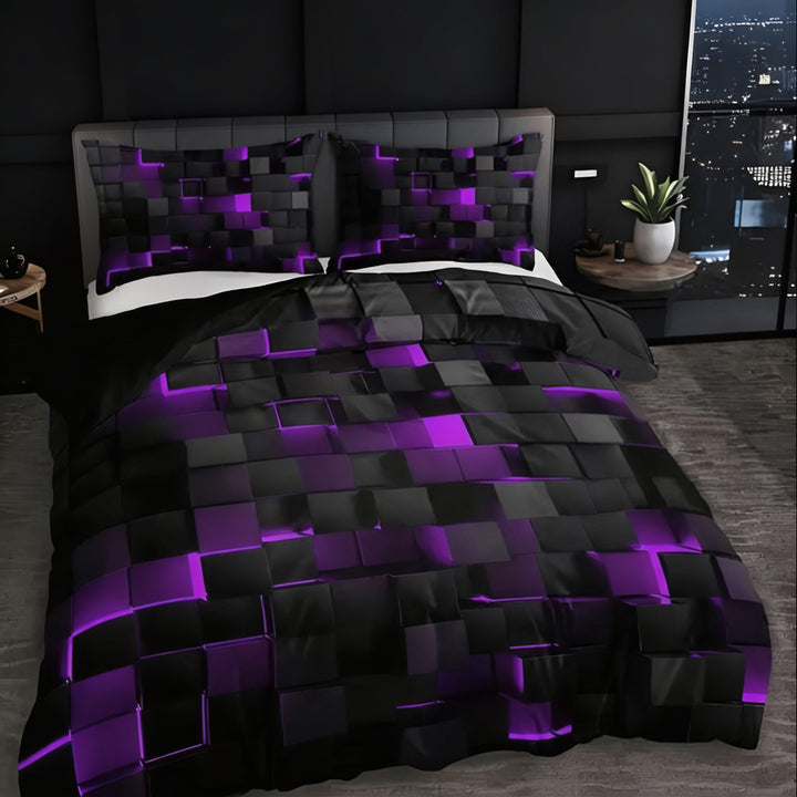 Modern Neon 3D Grid Print Quilt Cover Set 3pcs Soft Microfiber Cotton Blend Durable Design