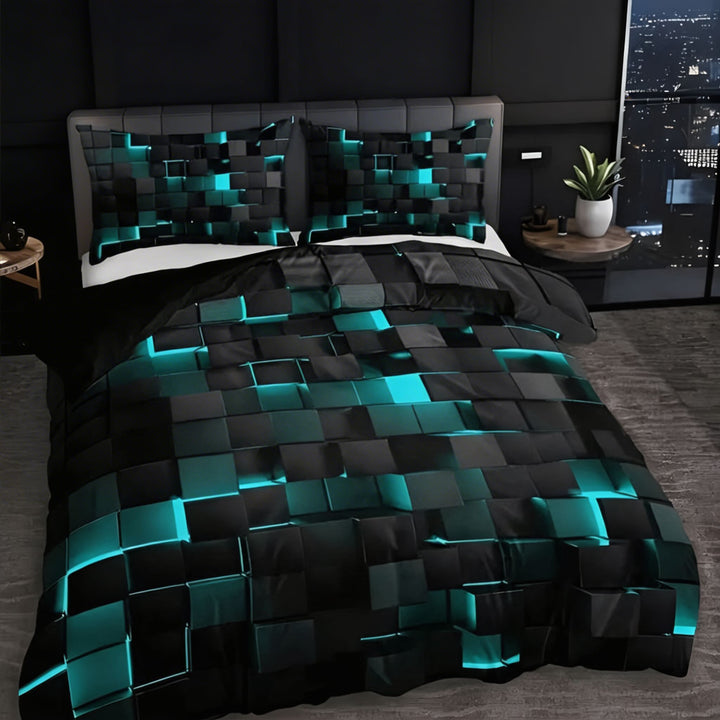 Modern Neon 3D Grid Print Quilt Cover Set 3pcs Soft Microfiber Cotton Blend Durable Design
