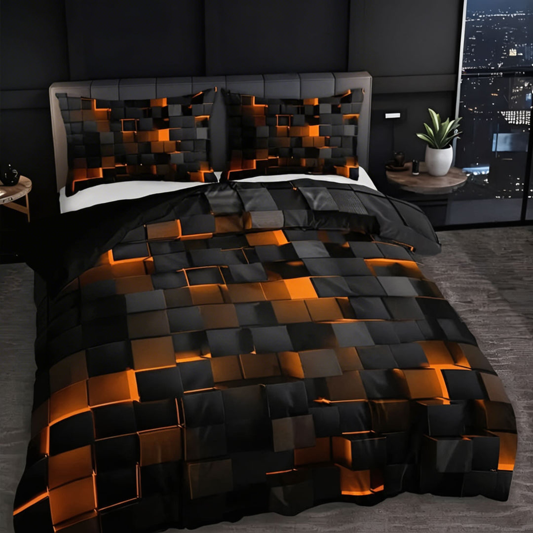 Modern Neon 3D Grid Print Quilt Cover Set 3pcs Soft Microfiber Cotton Blend Durable Design