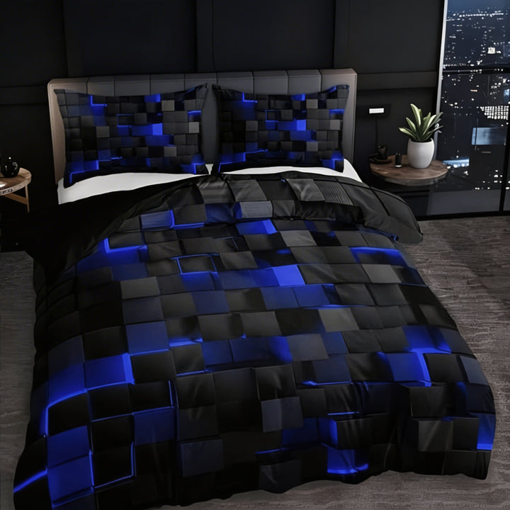 Modern Neon 3D Grid Print Quilt Cover Set 3pcs Soft Microfiber Cotton Blend Durable Design