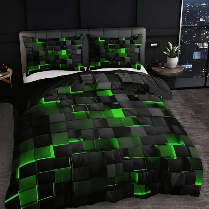 Modern Neon 3D Grid Print Quilt Cover Set 3pcs Soft Microfiber Cotton Blend Durable Design