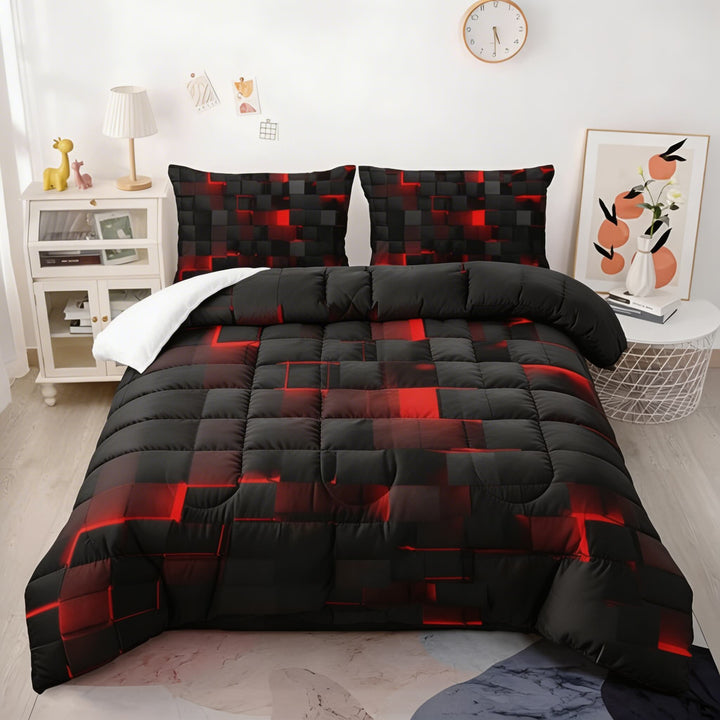 Modern Neon 3D Grid Print Quilt Cover Set 3pcs Soft Microfiber Cotton Blend Durable Design