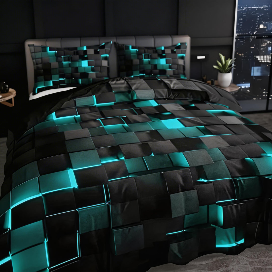 Modern Neon 3D Grid Print Quilt Cover Set 3pcs Soft Microfiber Cotton Blend Durable Design