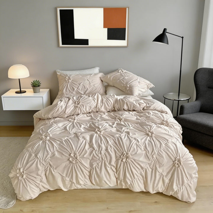Elegant Ruffle Flower Quilt Cover Set Soft Microfiber Zipper Closure Machine Washable Corner Ties