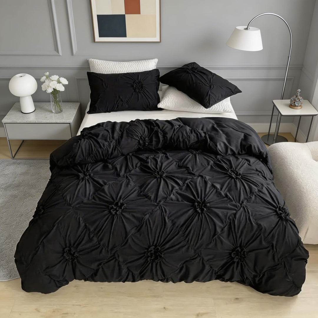 Elegant Ruffle Flower Quilt Cover Set Soft Microfiber Zipper Closure Machine Washable Corner Ties