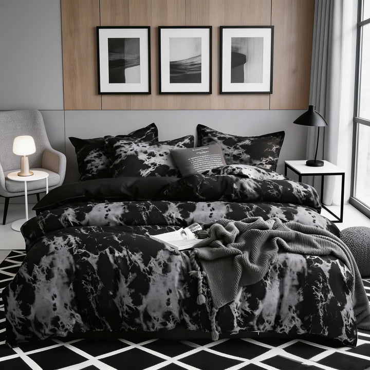 Modern Black Marble Quilt Cover Set Microfiber Duvet Covers with Two Pillowcases