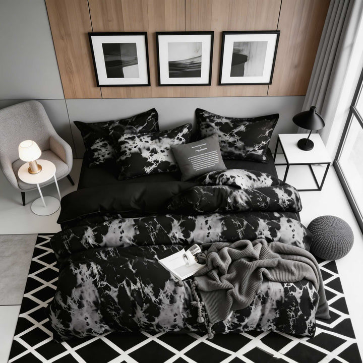 Modern Black Marble Quilt Cover Set Microfiber Duvet Covers with Two Pillowcases
