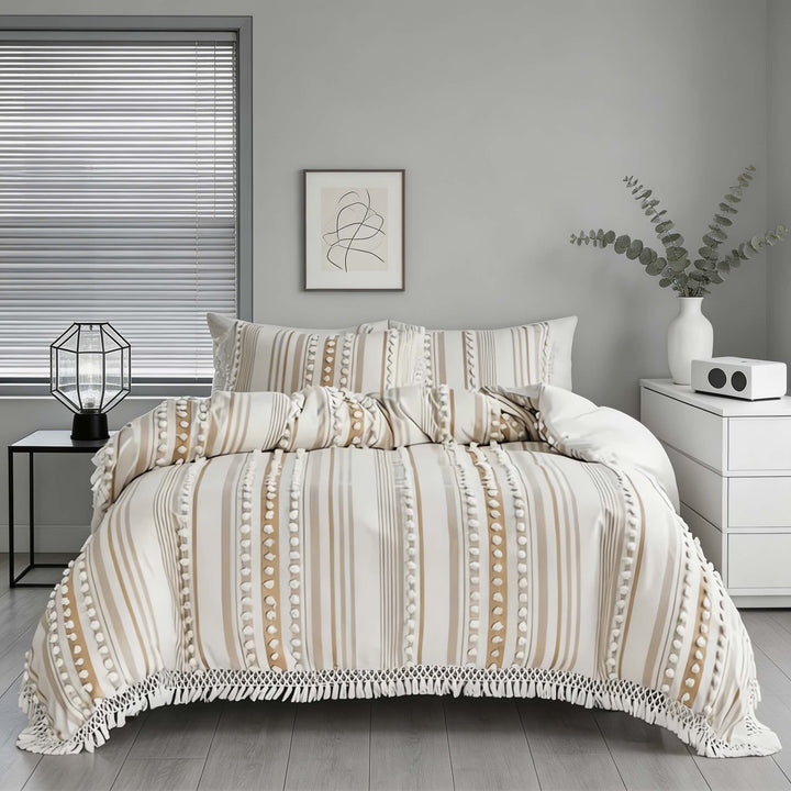 Contemporary Soft Stripe King Size Quilt Set Cotton Microfiber Blend with Tassels for Year-Round Comfort