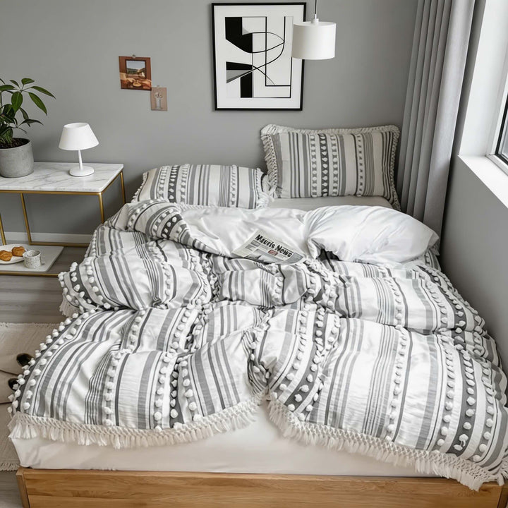 Contemporary Soft Stripe King Size Quilt Set Cotton Microfiber Blend with Tassels for Year-Round Comfort