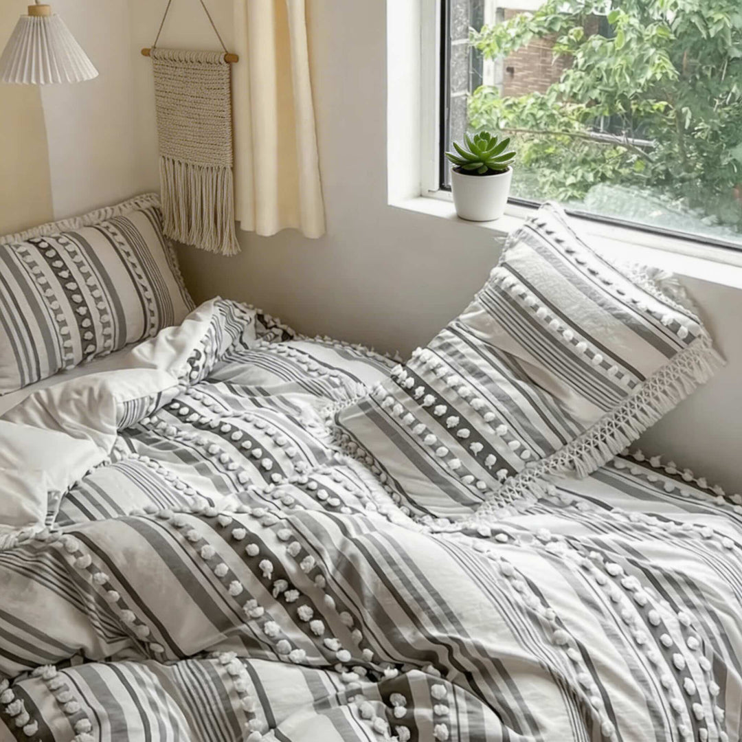 Contemporary Soft Stripe King Size Quilt Set Cotton Microfiber Blend with Tassels for Year-Round Comfort
