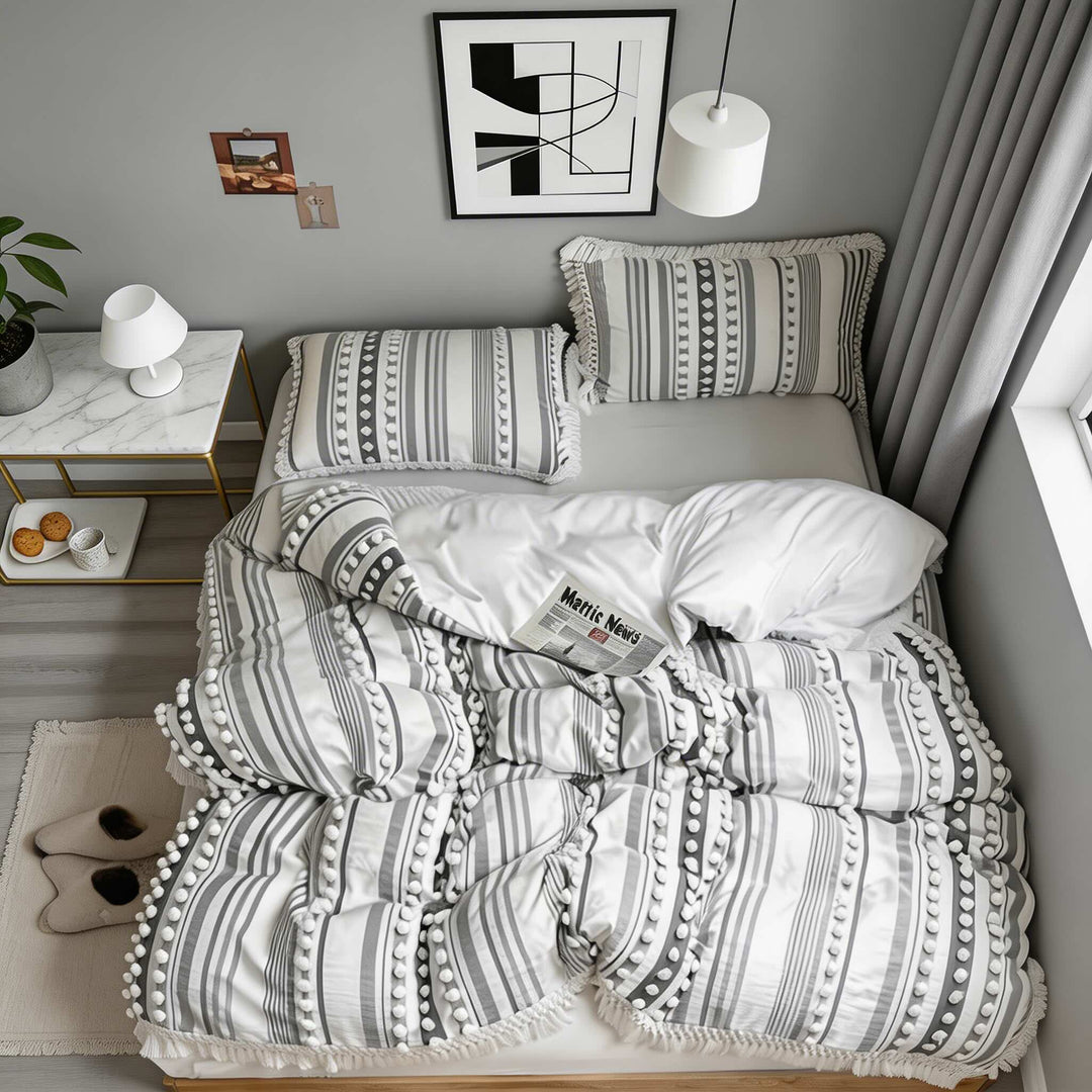 Contemporary Soft Stripe King Size Quilt Set Cotton Microfiber Blend with Tassels for Year-Round Comfort