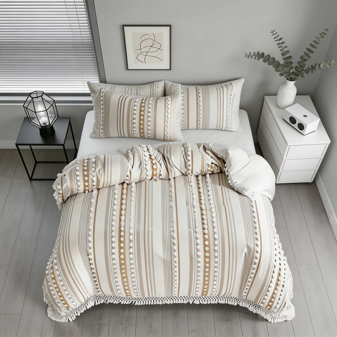 Contemporary Soft Stripe King Size Quilt Set Cotton Microfiber Blend with Tassels for Year-Round Comfort