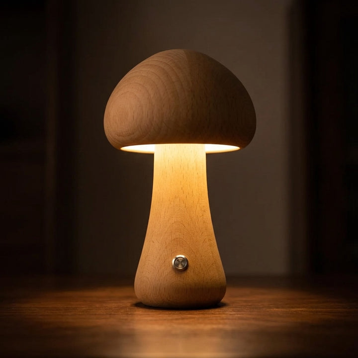 Modern Mushroom Table Lamp Battery Operated Touch Activated Wooden Nightstand Lamp Adjustable Brightness