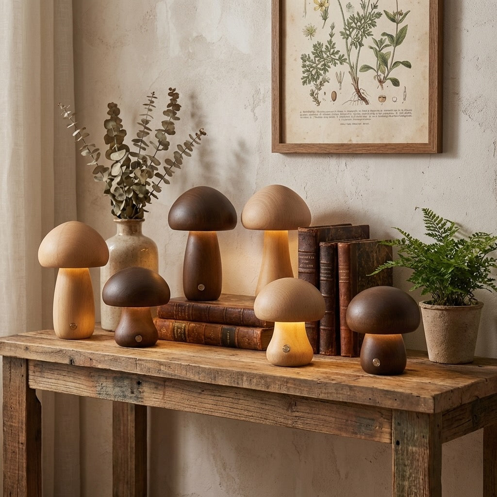 Modern Mushroom Table Lamp Battery Operated Touch Activated Wooden Nightstand Lamp Adjustable Brightness