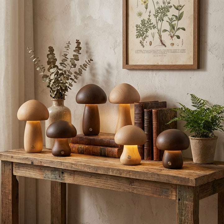 Modern Mushroom Table Lamp Battery Operated Touch Activated Wooden Nightstand Lamp Adjustable Brightness